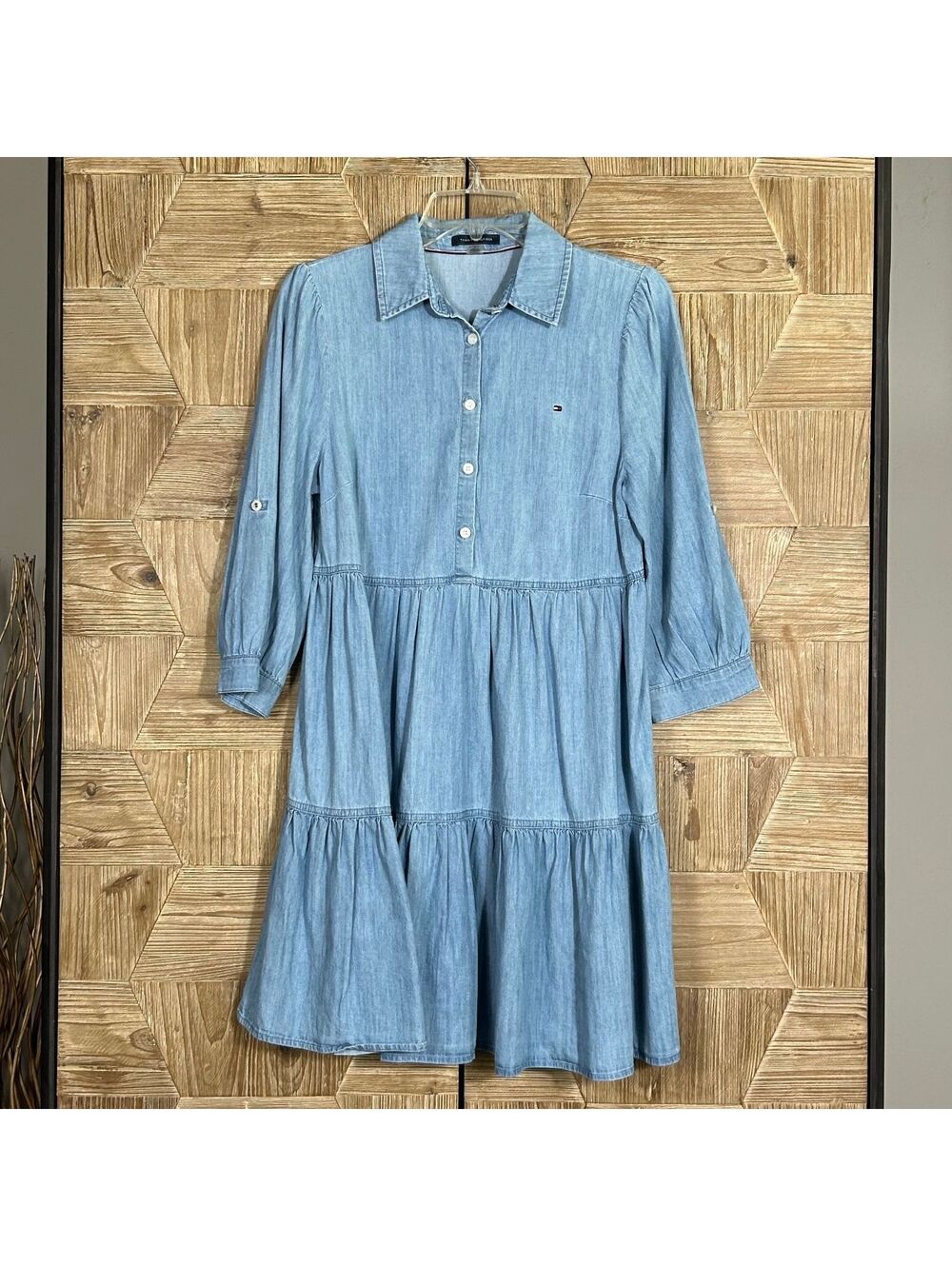 Tommy Hilfiger Cottage Denim Shirt Dress Size 6 Cotton Tiered Midi 3/4 Sleeve